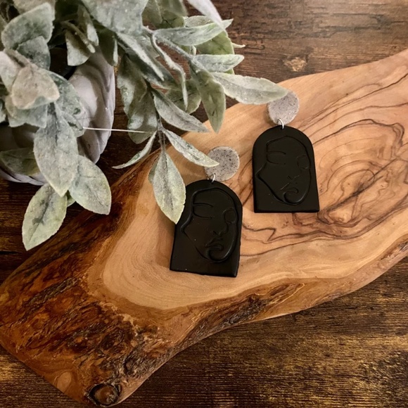 Handmade Clay Earrings | Face Outline Statue | Granite and Black | Push Backs - Picture 5 of 9